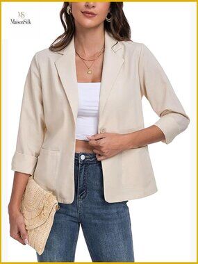 Lightweight Linen Blazer Long Sleeve Notch Lapel Button Office Casual Summer